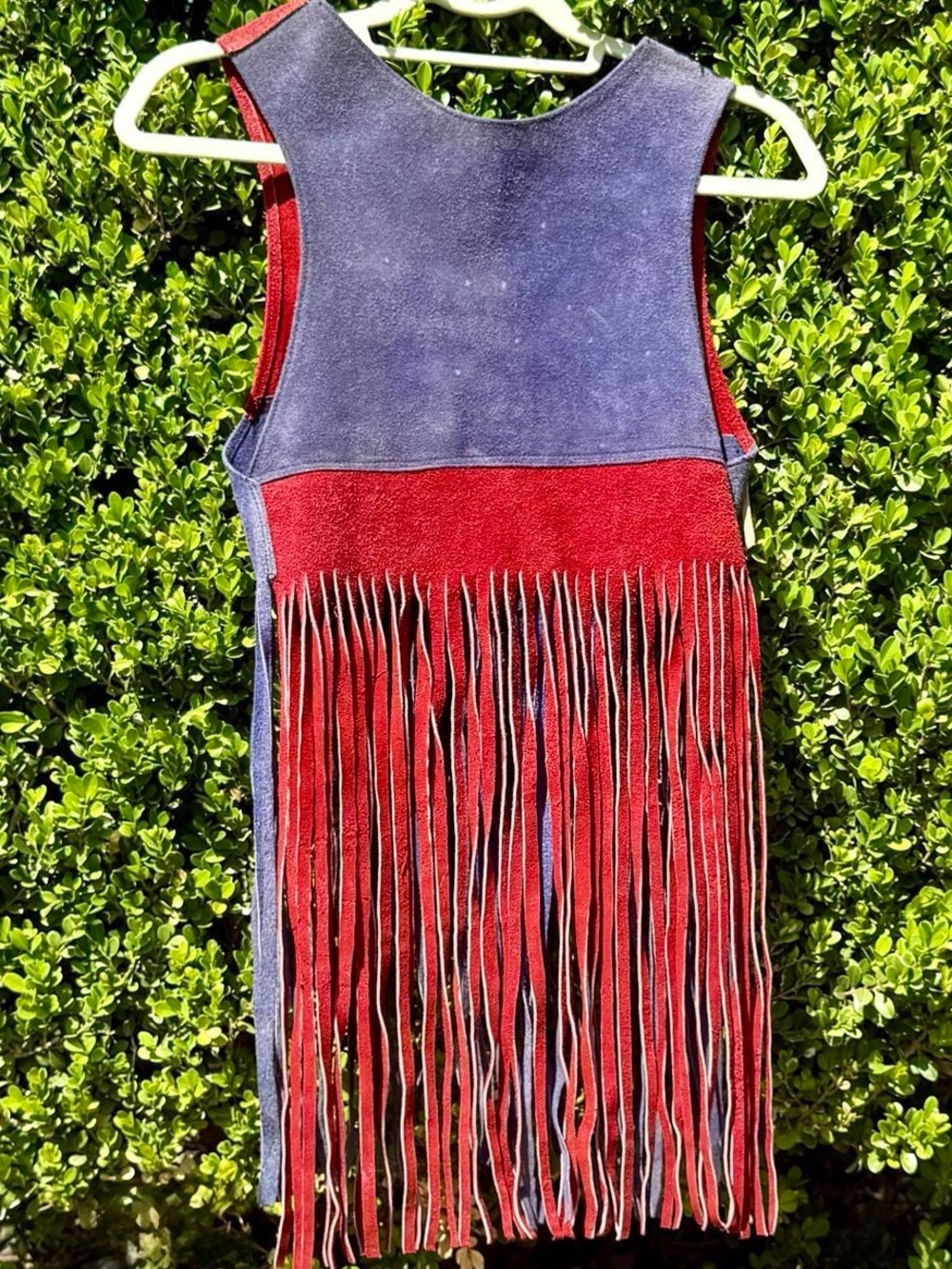 70s Leather Fringe Vest Handmade Americana Red Cream Blue Small USA July 4 - Picture 14 of 15